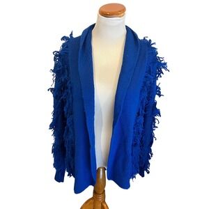 Maurada Vintage Royal Blue Shaggy Fringe Cardigan Sweater Wool Blend Large